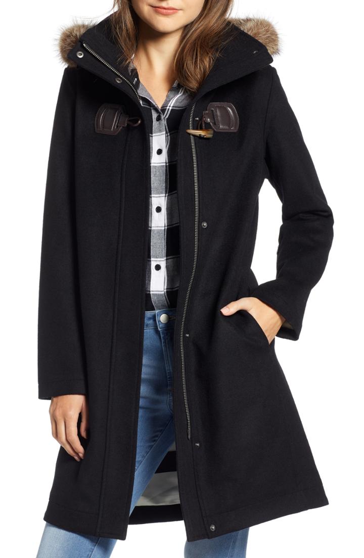 Women's Pendleton St Marie Wool Hooded Coat With Genuine Raccoon Fur Trim - Black