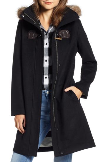 Women's Pendleton St Marie Wool Hooded Coat With Genuine Raccoon Fur Trim - Black