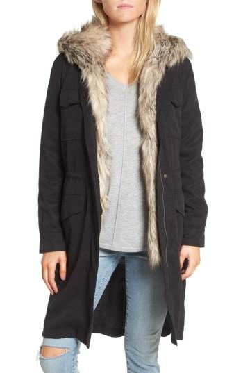 Women's Bb Dakota Walsh Tencel Coat With Detachable Hooded Faux Fur Vest - Black