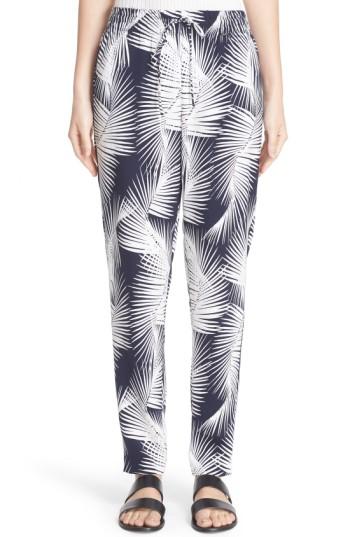 Women's St. John Sport Collection Palm Print Stretch Silk Pants, Size - Blue