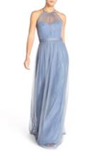 Women's Amsale 'aliki' Illusion Yoke Tulle Halter Gown - Blue