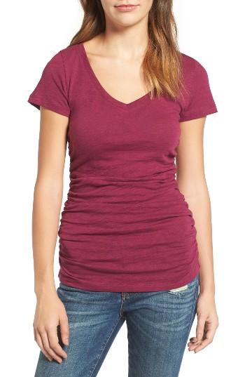 Women's Caslon Shirred V-neck Tee, Size - Burgundy