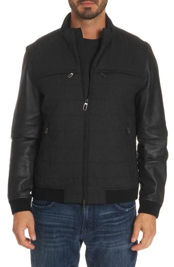 Men's Robert Graham Royalton Leather & Flannel Bomber Jacket - Black