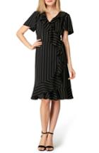 Women's Tahari Stripe Ruffle Faux Wrap Dress - Black