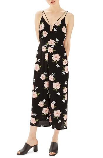 Women's Topshop Strappy Floral Jumpsuit Us (fits Like 0) - Black