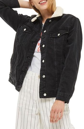 Women's Topshop Borg Oversize Denim Jacket Us (fits Like 0-2) - Black