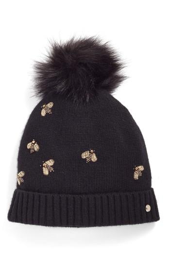 Women's Ted Baker London Bee Embellished Beanie With Faux Fur Pom -