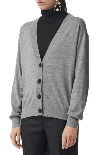 Women's Burberry Dornoch Check Detail Merino Wool Cardigan, Size - Grey