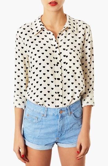 Topshop Heart Print Marocain Shirt Ivory