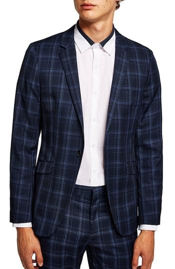 Men's Topman Skinny Fit Check Suit Jacket R - Blue
