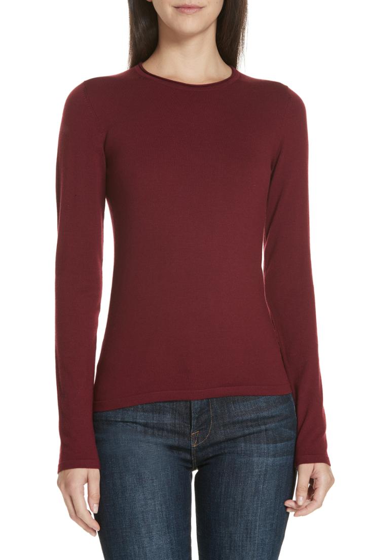 Women's Theory Slim Fit Merino Wool Crewneck Top, Size - Burgundy
