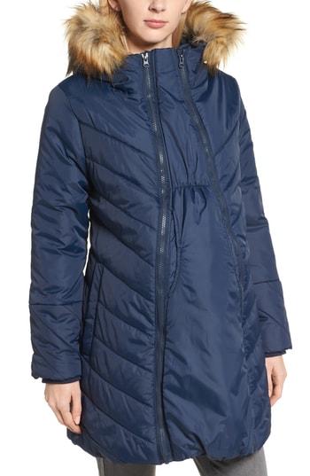 Women's Modern Eternity Faux Fur Trim Convertible Puffer 3-in-1 Maternity Jacket - Blue