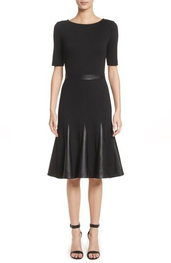 Women's St. John Collection Pleated Milano Knit & Leather Dress - Black