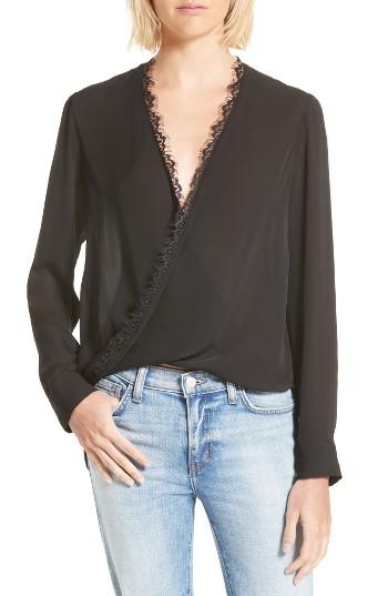 Women's L'agence Rosario Lace Trim Silk Surplice Blouse - Black