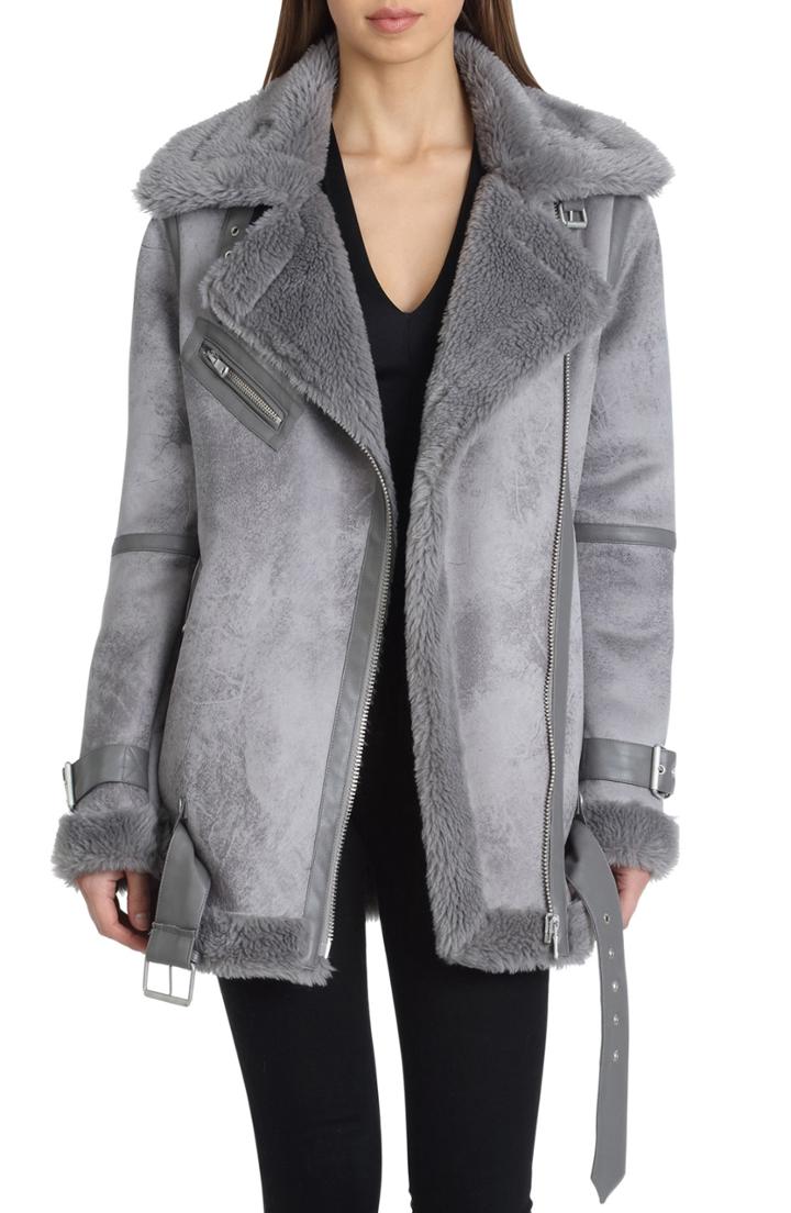 Women's Avec Les Filles Faux Shearling Biker Jacket - Grey