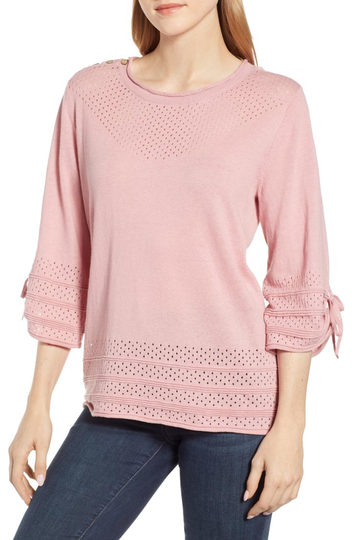 Women's Wit & Wisdom Tie Sleeve Perforated Sweater - Pink