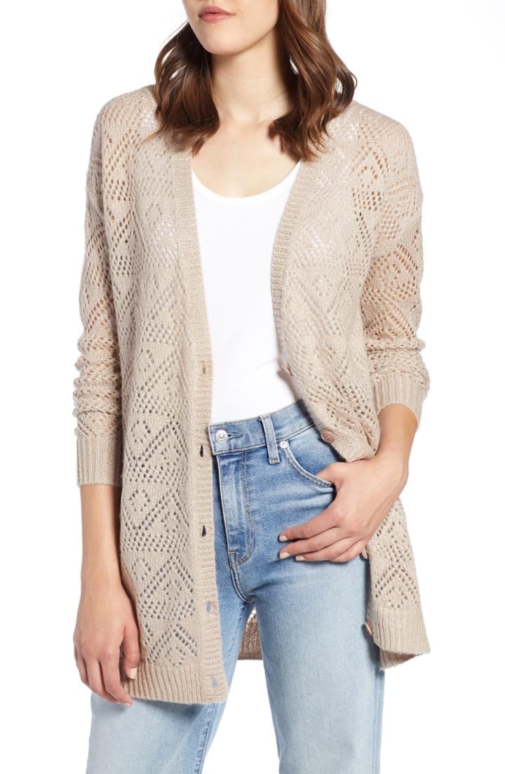 Women's Halogen Metallic Pointelle Cardigan, Size - Brown