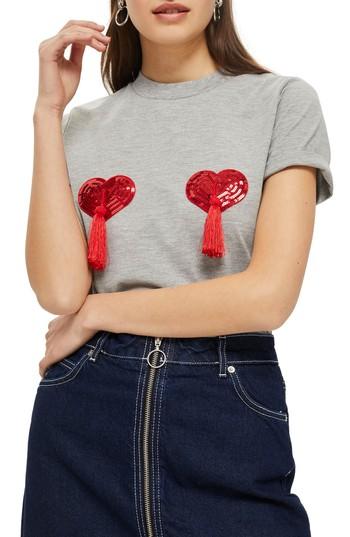 Women's Topshop By Tee & Cake Heart Tassel T-shirt Us (fits Like 10-12) - Grey