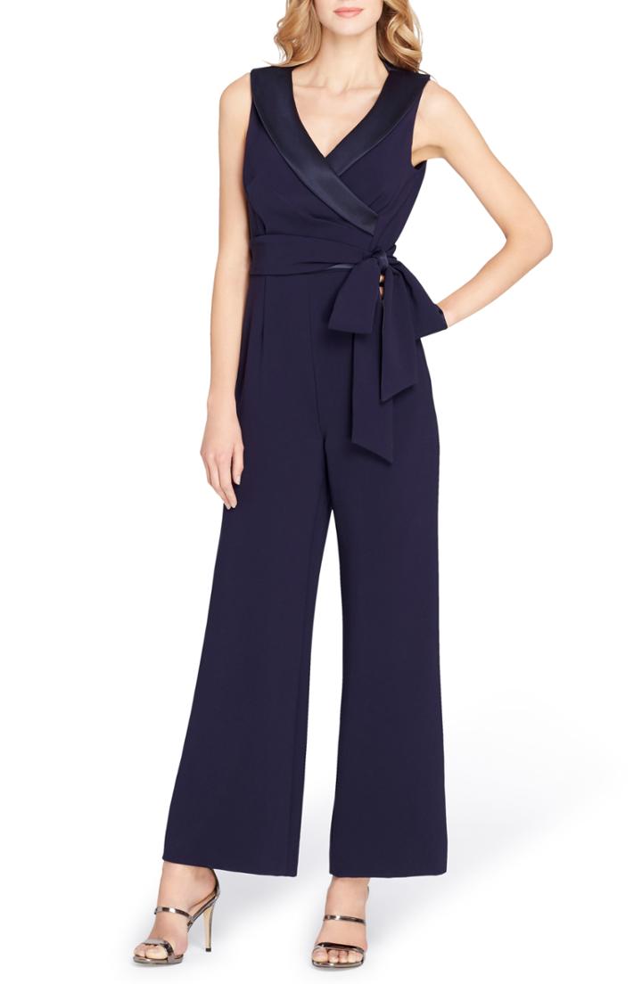 Women's Tahari Sleeveless Satin Trim Jumpsuit - Blue