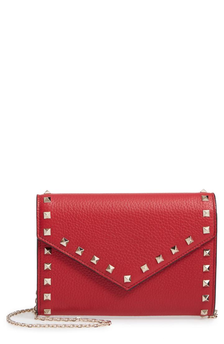 Women's Valentino Garavani Rocktstud V-flap Calfskin Leather Wallet On A Chain - Red