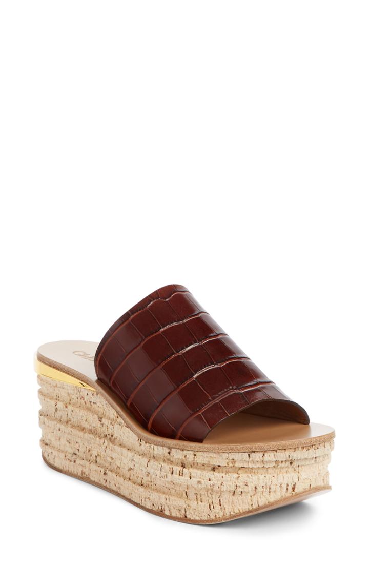 Women's Chloe Camille Croc Embossed Cork Platform Wedge Sandal .5us / 39.5eu - Brown