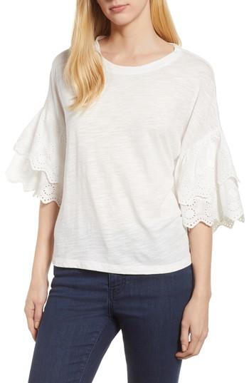 Women's Bobeau Eyelet Ruffle Sleeve Top - White