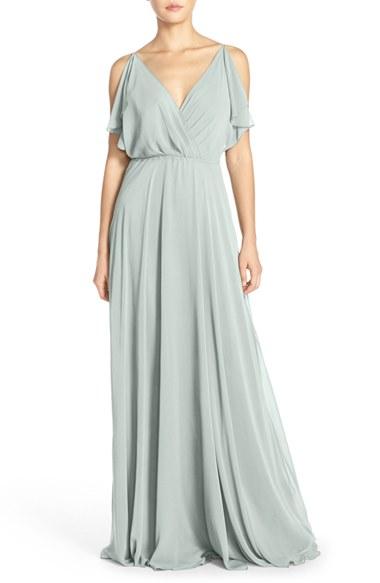 Women's Jenny Yoo 'cassie' Flutter Sleeve Chiffon A-line Gown - Green