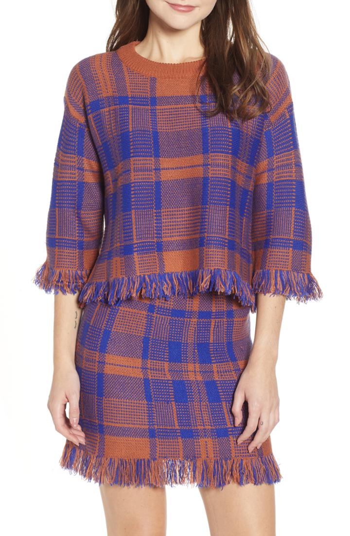 Women's Moon River Plaid Fringe Hem Sweater - Brown