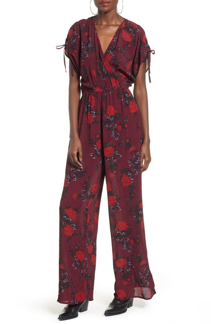Women's Band Of Gypsies Morgan Rose Print Jumpsuit - Burgundy