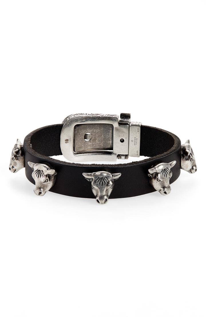 Men's Gucci Sterling Silver Stud Leather Bracelet
