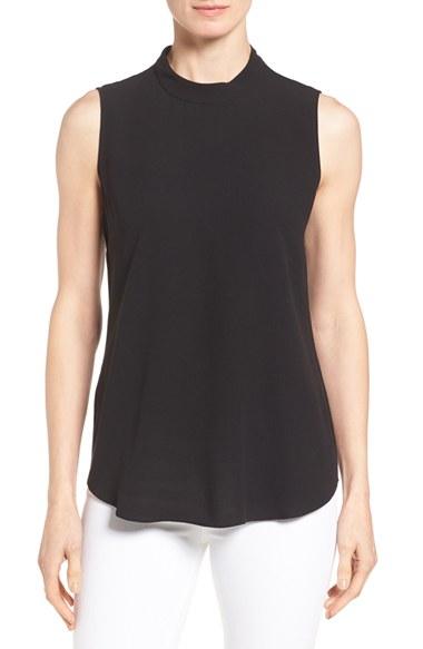 Women's Eileen Fisher Silk Crepe High Neck Sleeveless Blouse, Size - Black