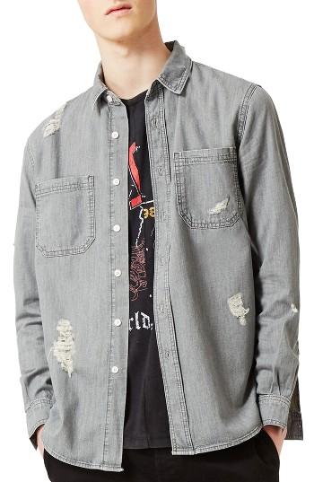 Men's Topman Ripped Denim Shirt - Grey