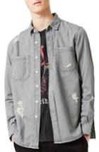 Men's Topman Ripped Denim Shirt - Grey
