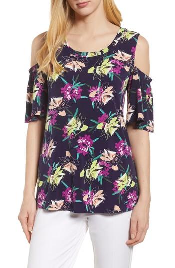 Women's Chaus Cold Shoulder Print Top - Blue