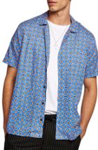 Men's Topman Classic Fit Geo Print Woven Shirt, Size - Blue