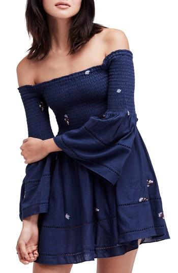 Women's Free People Counting Daisies Embroidered Off The Shoulder Dress - Blue