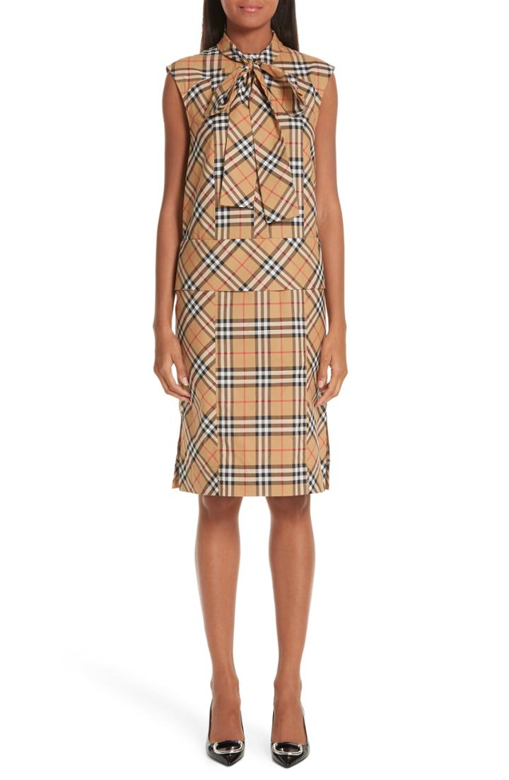 Women's Burberry Luna Tie Neck Check Dress - Yellow