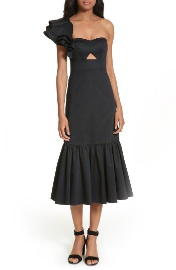 Women's Rebecca Taylor Ruffled One-shoulder Ruffled Midi Dress - Black