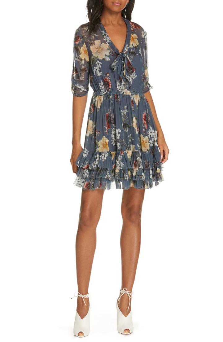 Women's Nicholas Floral Ruffle Silk Dress - Blue/green
