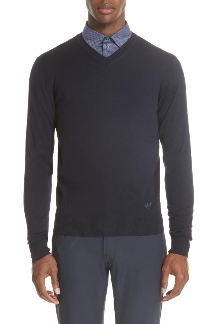 Men's Emporio Armani V-neck Wool Sweater Us / 50 Eu R - Blue