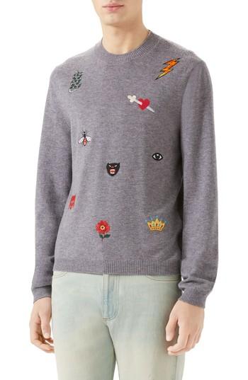Men's Gucci Embroidered Wool Crewneck Sweatshirt - Grey