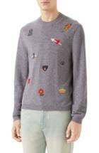 Men's Gucci Embroidered Wool Crewneck Sweatshirt - Grey