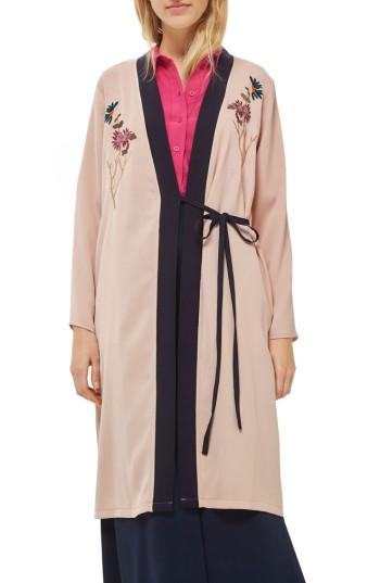 Women's Topshop Tiger Embroidered Duster Coat Us (fits Like 0) - Beige