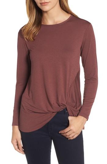 Petite Women's Bobeau Dressy Front Knot Long Sleeve Top P - Red