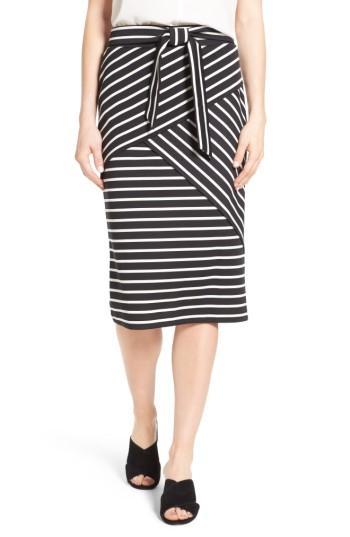 Petite Women's Halogen Stripe Tie Waist Tiered Front Knit Tube Skirt, Size P - Black