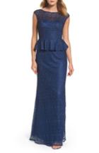 Women's La Femme Embellished Lace Peplum Gown - Blue