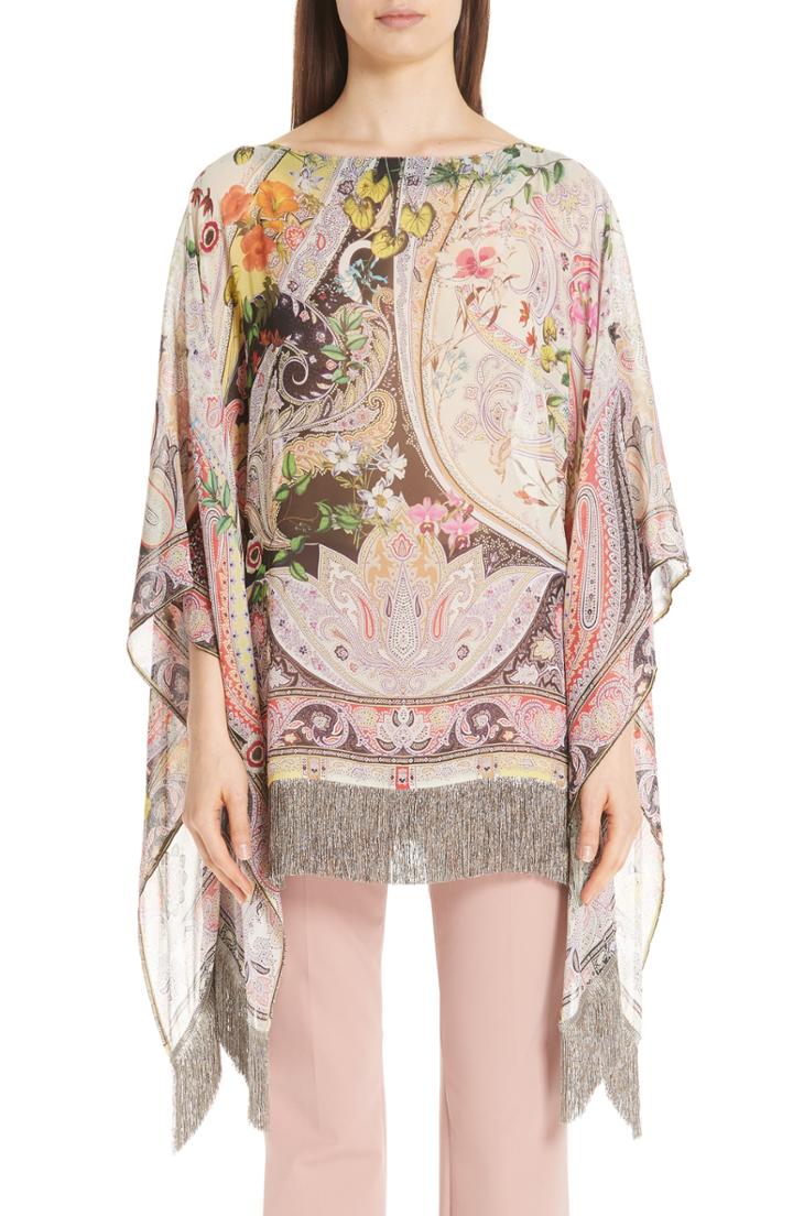 Women's Etro Floral Print Fringe Silk Poncho