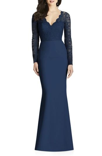 Women's Dessy Collection Lace & Crepe Trumpet Gown - Blue