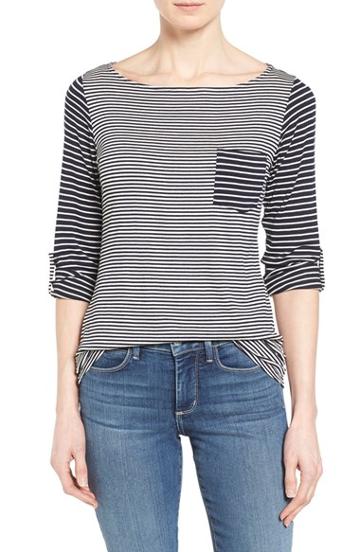 Women's Bobeau Stripe Three Quarter Sleeve Pocket Tee - Blue