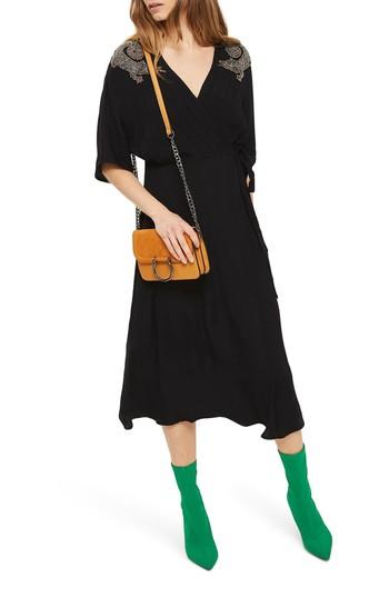 Women's Topshop Beaded Dragon Wrap Midi Dress Us (fits Like 0) - Black
